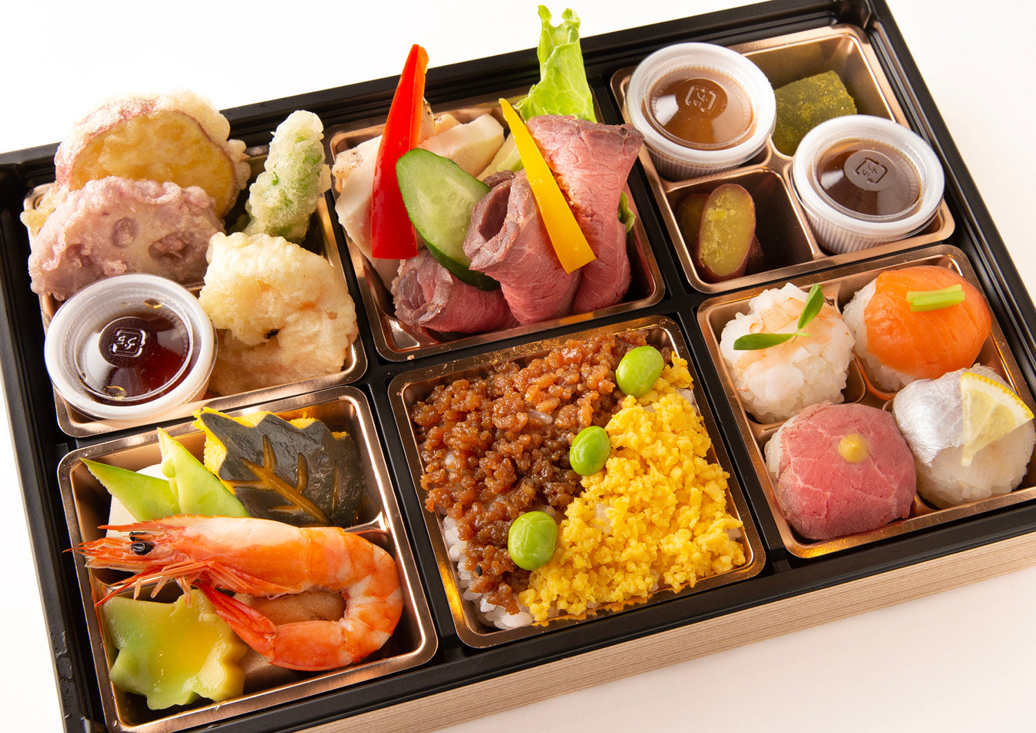 つばき】天ぷらと手まり寿司、ローストビーフと二色のそぼろ丼お六升お 